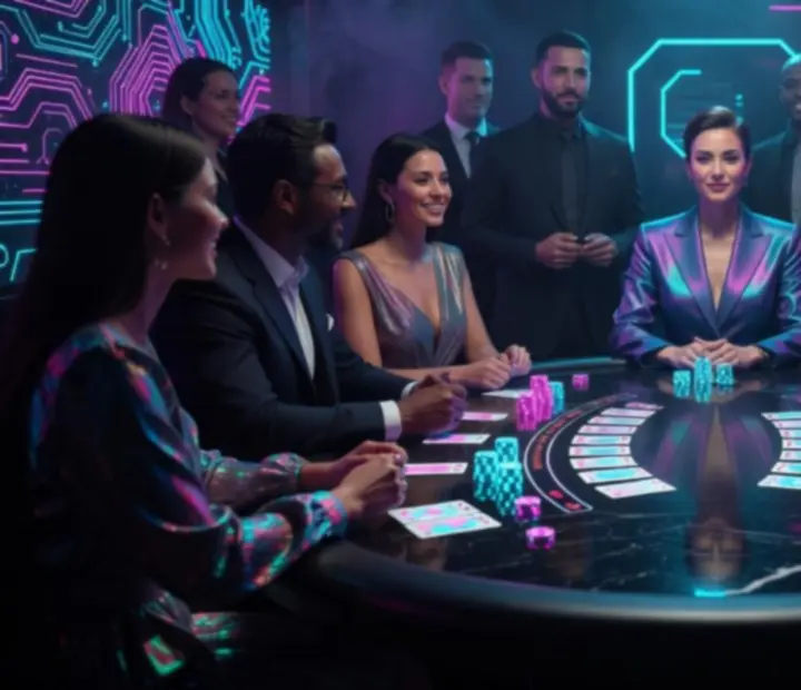 Neonowy stół blackjack z prowadzącym podczas futurystycznego eventu