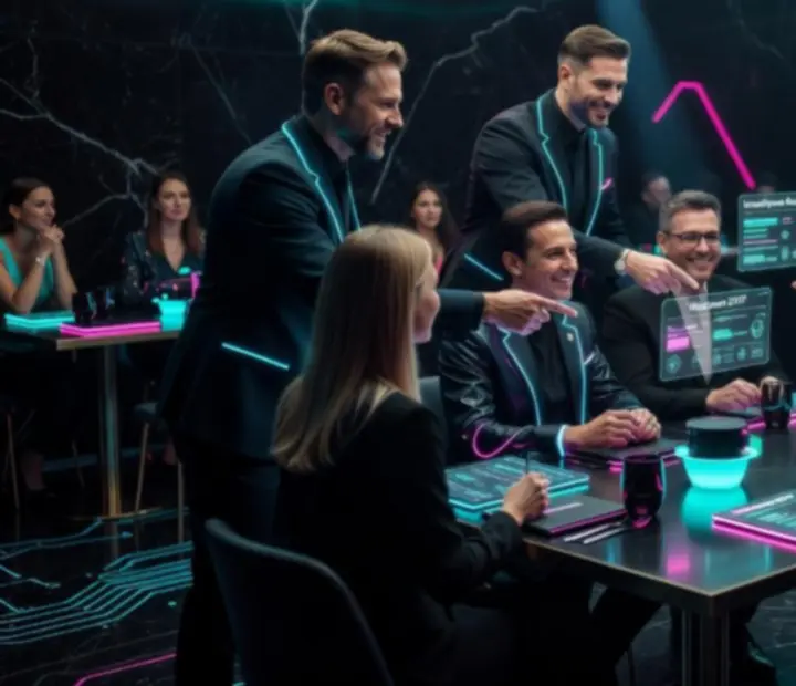 Zespół prowadzących Novapolastel obsługujący neonowy stół eventowy