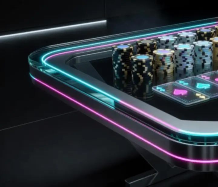 Neonowy stół pokerowy z żetonami i kartami w klimacie cyberpunk
