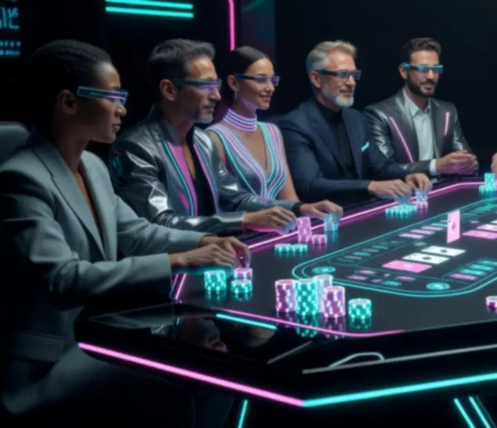Pokerowy program eventowy Novapolastel z neonowymi żetonami, prowadzącym i uczestnikami przy stole.
