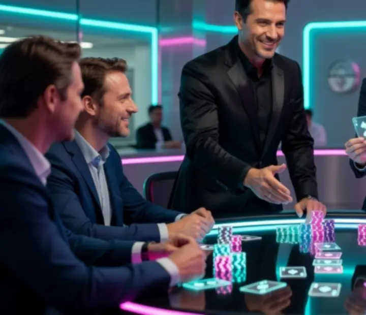 Prowadzący i animatorka obsługujący pokerowy stół podczas neonowego eventu