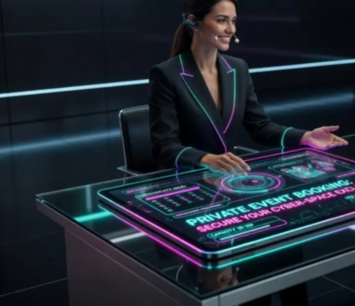 Widok futurystycznego formularza rezerwacji prywatnego wydarzenia w neonowej stylistyce