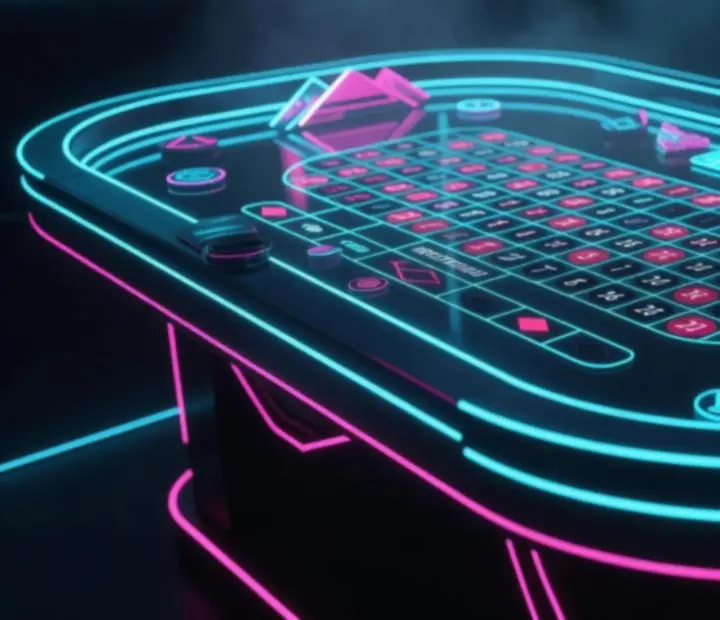 Stylizowany stół ruletkowy z neonowym podświetleniem w klimacie cyberpunk